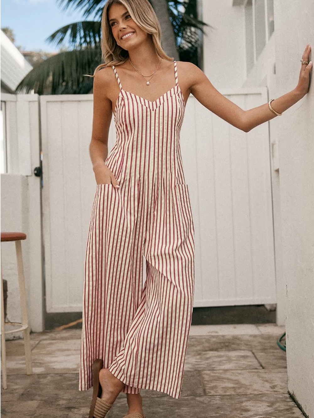 Cupshe Cream and Brown Striped Wide-Leg Jumpsuit